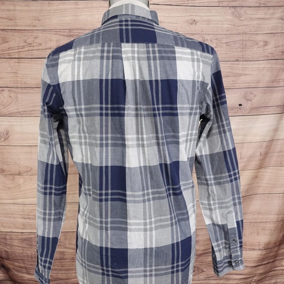 VAN HEUSEN ORIGINALS SLIM FIT BLUE GREY PLAID BUTTON DOWN SHIRT MENS M 15-15.5 - Picture 3 of 5